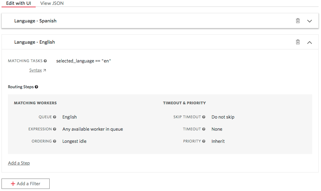 Routing configuration for English tasks with longest idle worker priority.