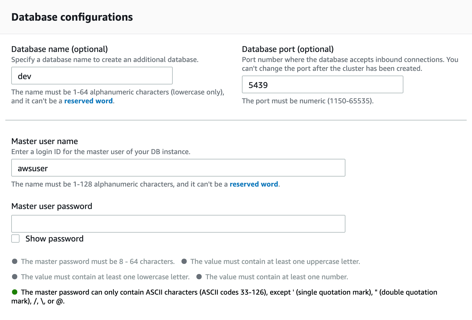 Database configuration fields for name, port, master username, and password requirements.