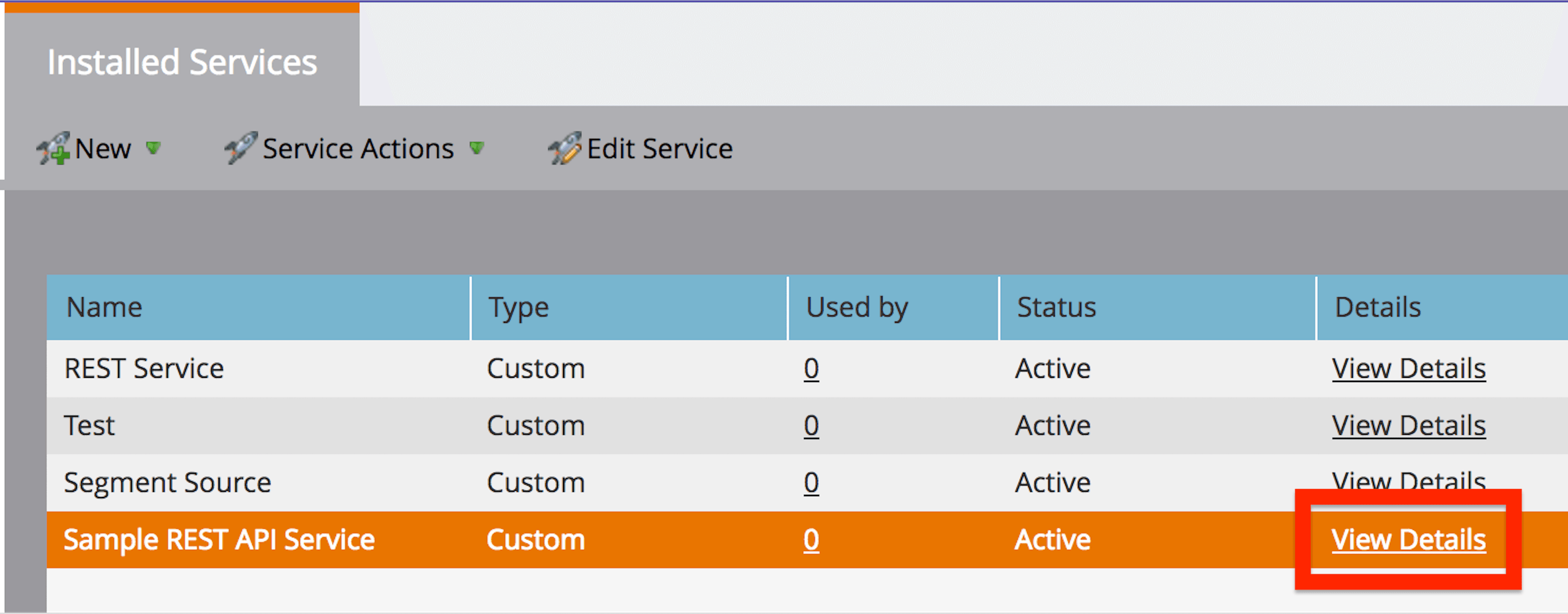 Marketo Installed Services tab showing active custom services with 'View Details' links.