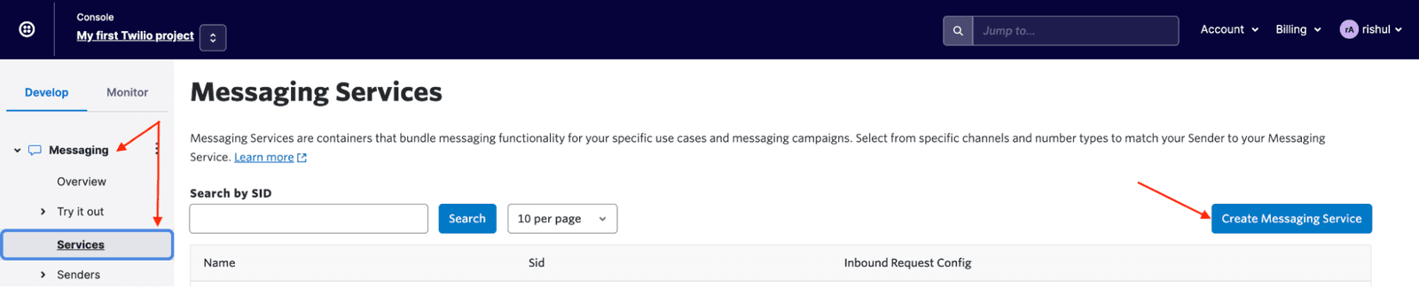 Twilio console showing Messaging Services with a button to create a new messaging service.