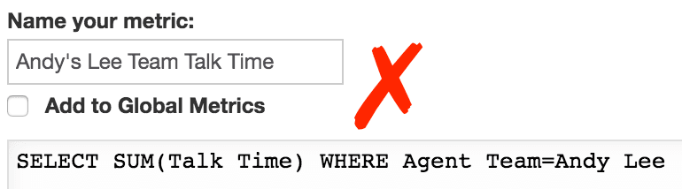 Incorrect MAQL query for Andy's Lee Team Talk Time with a red X mark.