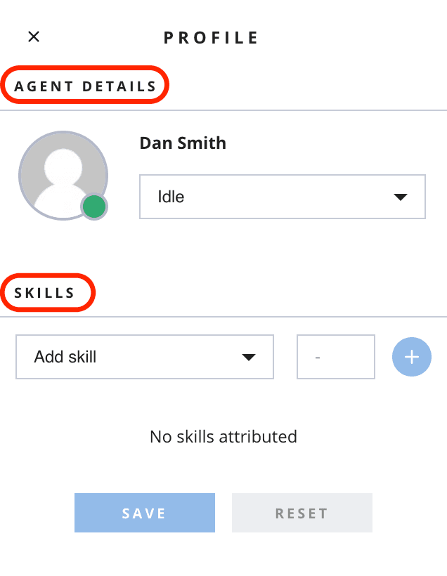 Profile section showing agent details and skills with options to add skills.