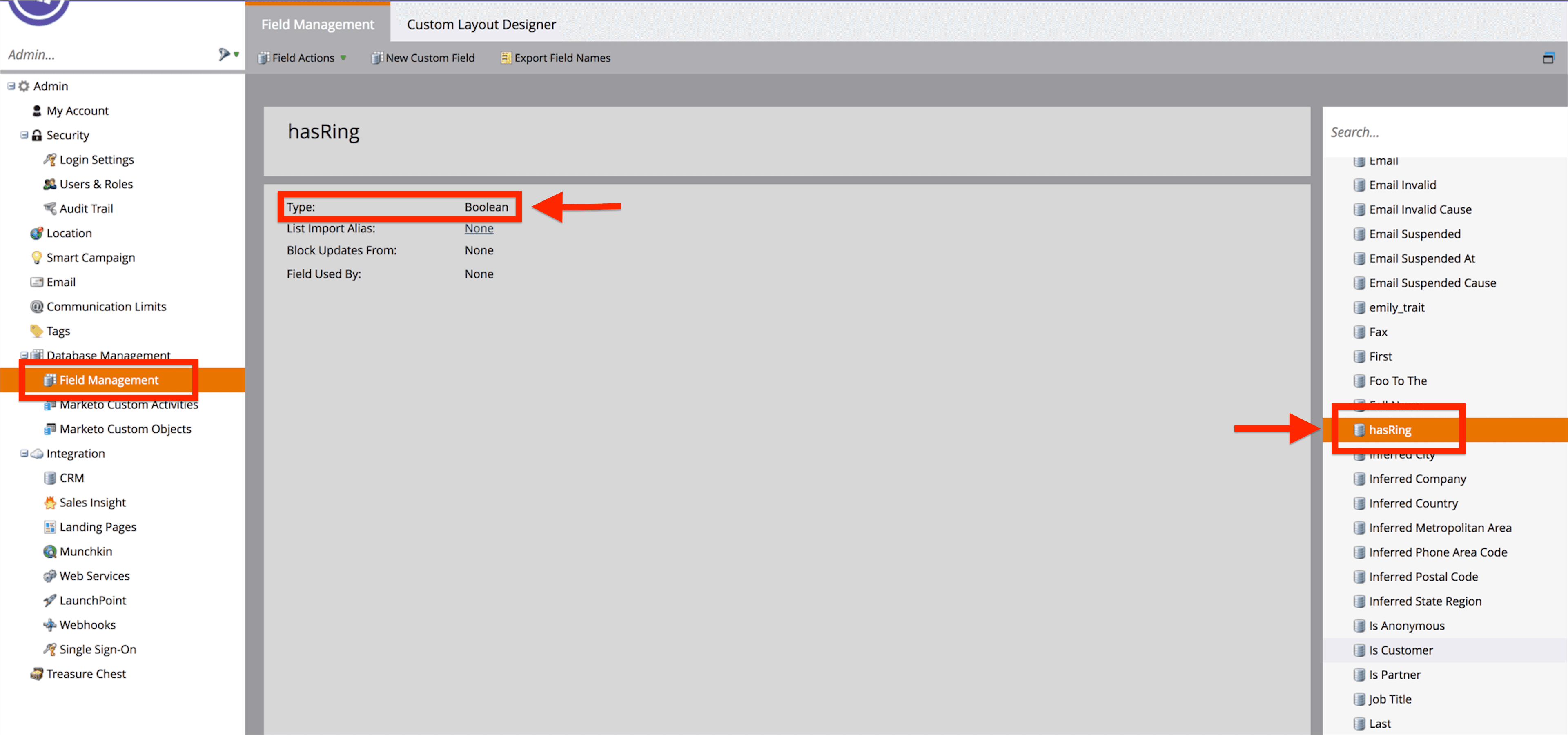 Marketo Field Management tab showing 'hasRing' field type as Boolean.