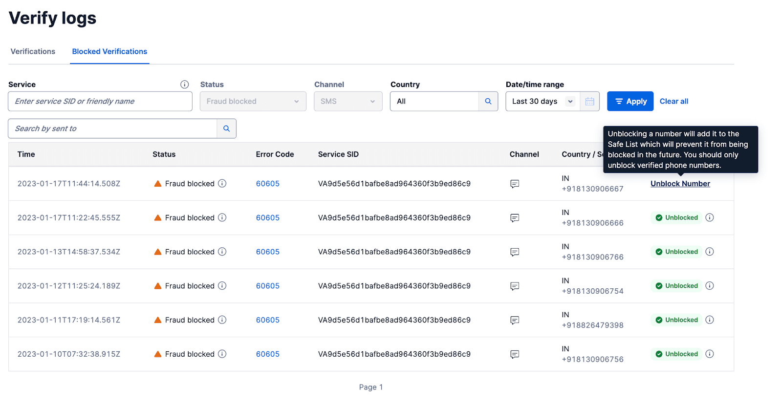 Twilio Verify logs showing blocked verifications with fraud status and unblock option.