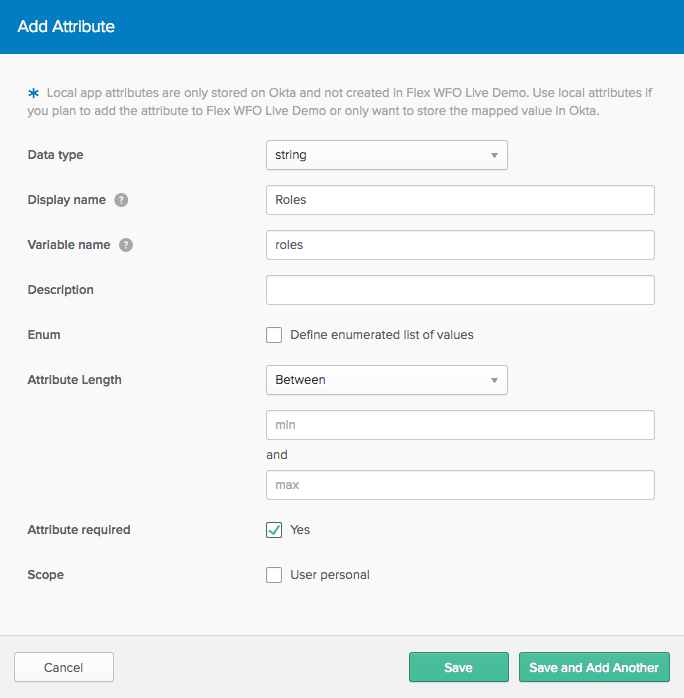 Form to add attribute with fields for data type, display name, variable name, and attribute length.