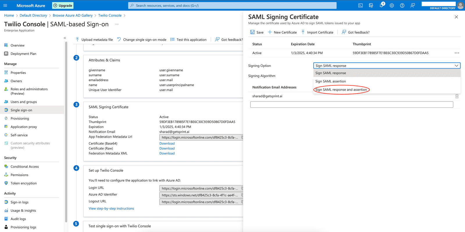 Azure AD SSO configuration showing SAML signing options with 'Sign SAML response and assertion' selected.