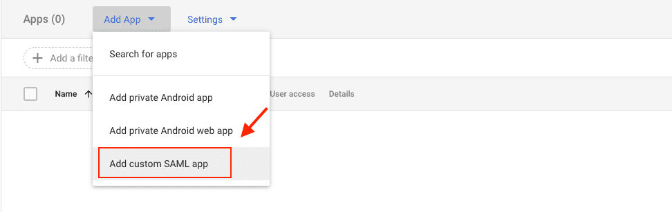Dropdown menu with option to add custom SAML app highlighted.