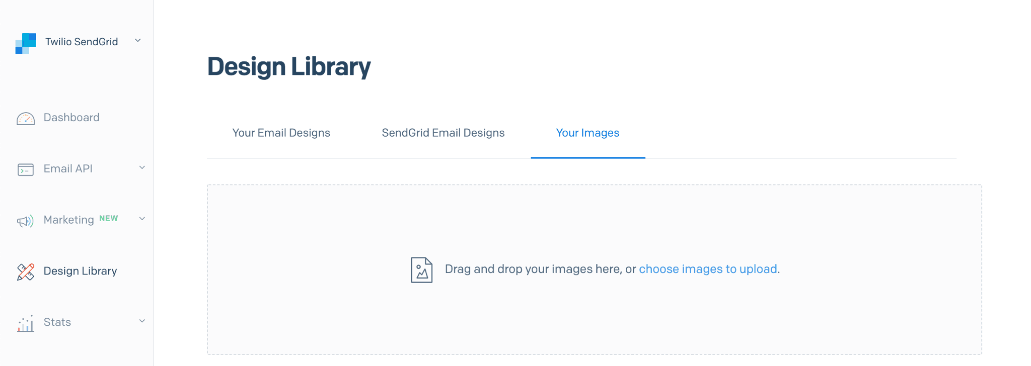SendGrid Design Library page for uploading or selecting images.
