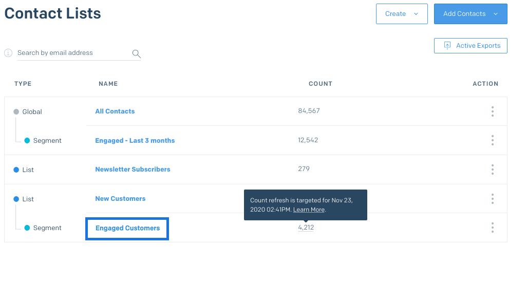 The Contacts landing page in the Marketing Campaigns App.