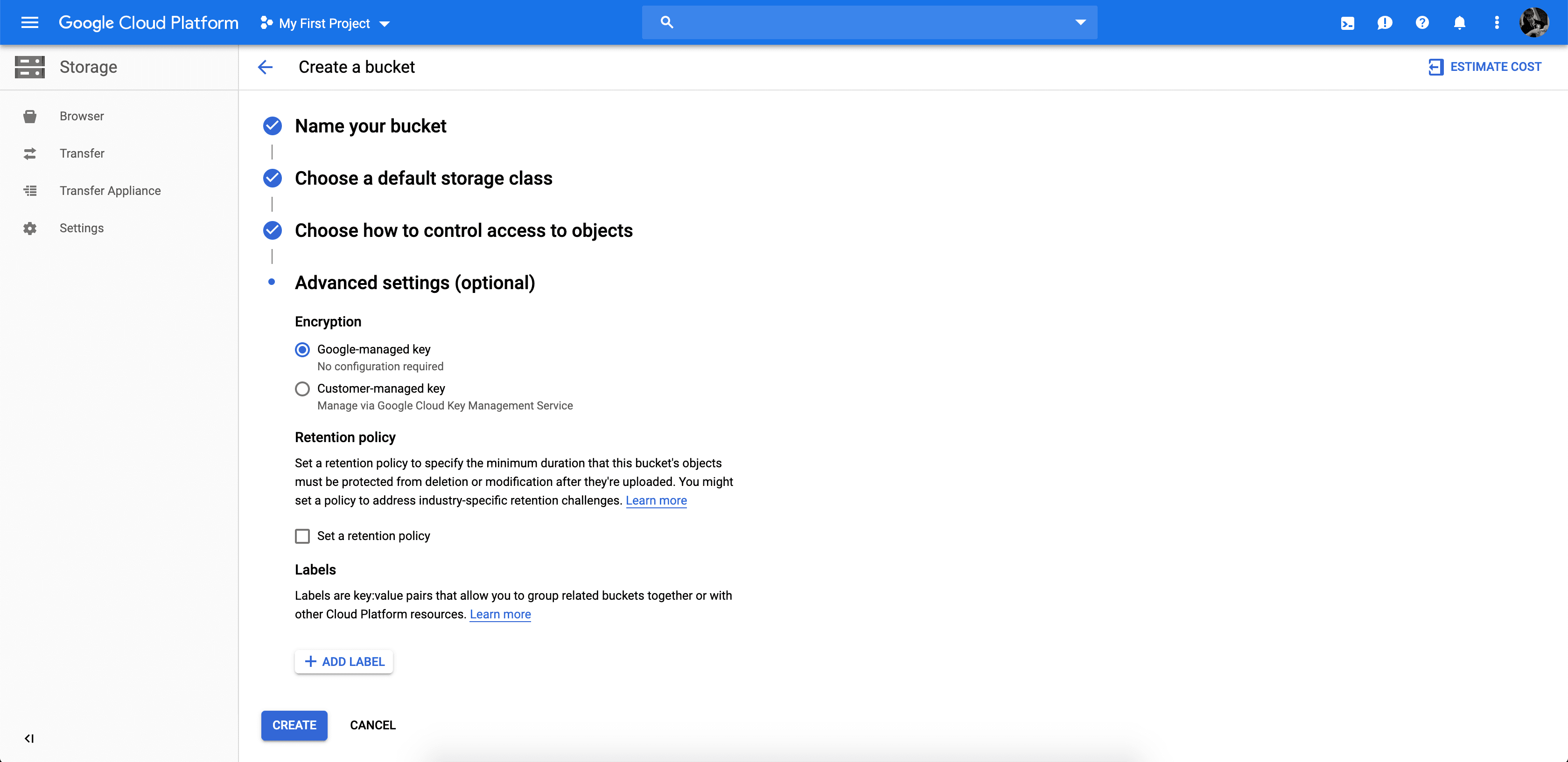 Google Cloud bucket setup with encryption and retention policy options.