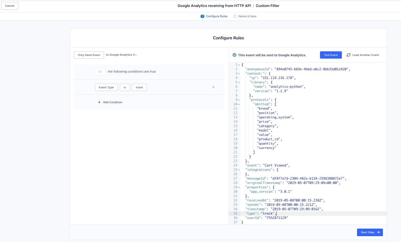Filter configuration sending track events to Google Analytics with JSON details.