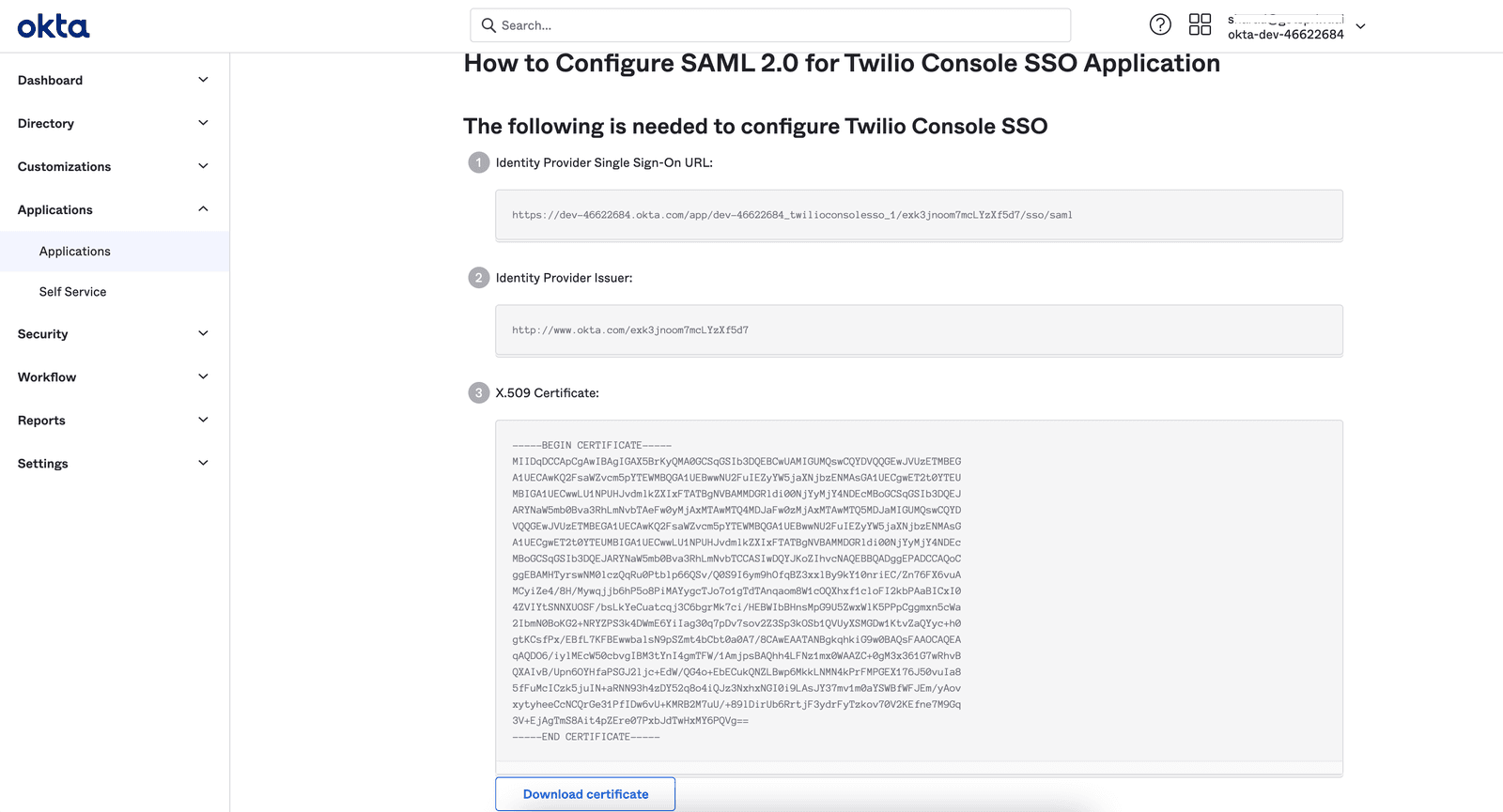 Okta configuration showing Identity Provider URL, Issuer, and X.509 certificate for Twilio SSO.