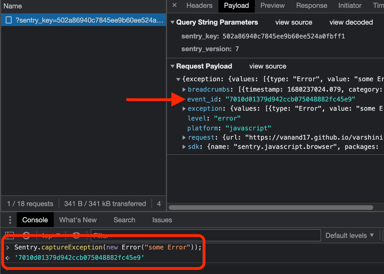 Dev tools showing event_id value in Sentry error capture.