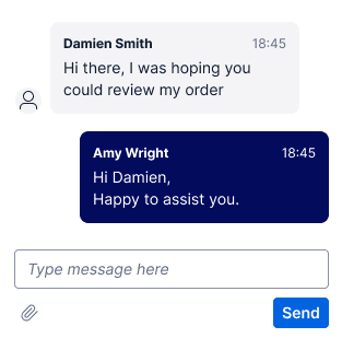Chat interface showing messages between Damien and Amy with a text input field.