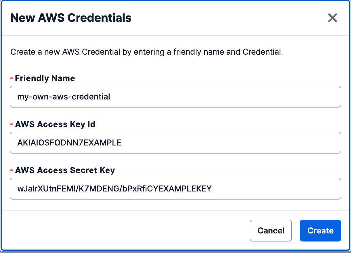 AWS credentials creation form with fields for friendly name, access key ID, and secret key.