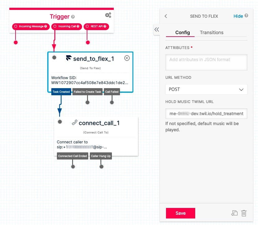 Studio Flow showing task routing from incoming message to Flex with configuration panel open.