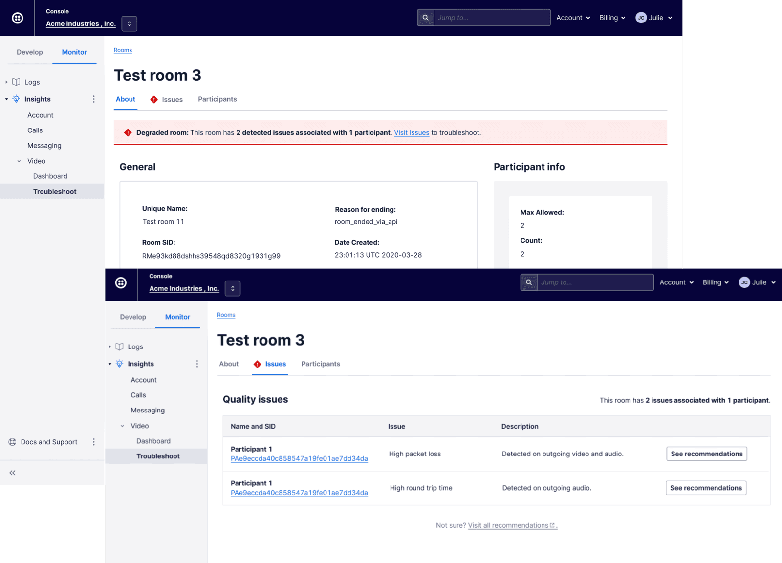 Test room 3 summary with degraded status and quality issues for participant 1.