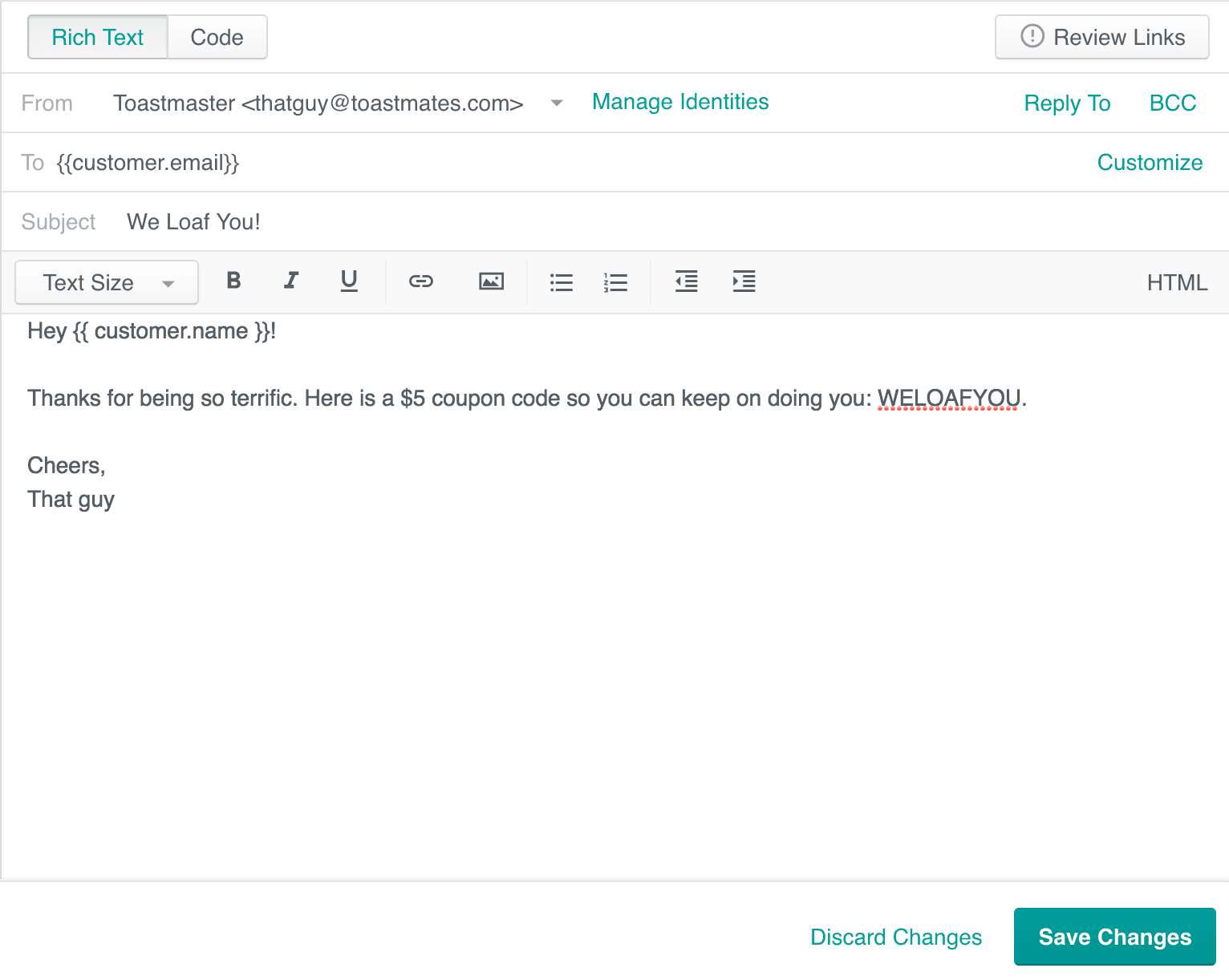 Example of a Segment Trigger Campaign page in Customer.io, with a sample email ready to send to customers in the segment.