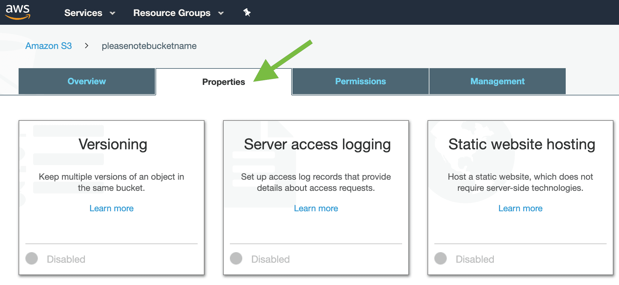 AWS S3 Properties tab highlighted with options for versioning, server access logging, and static website hosting.