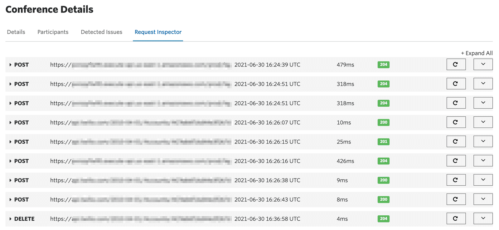 Request Inspector tab showing HTTP requests with methods, URLs, timestamps, and response codes.