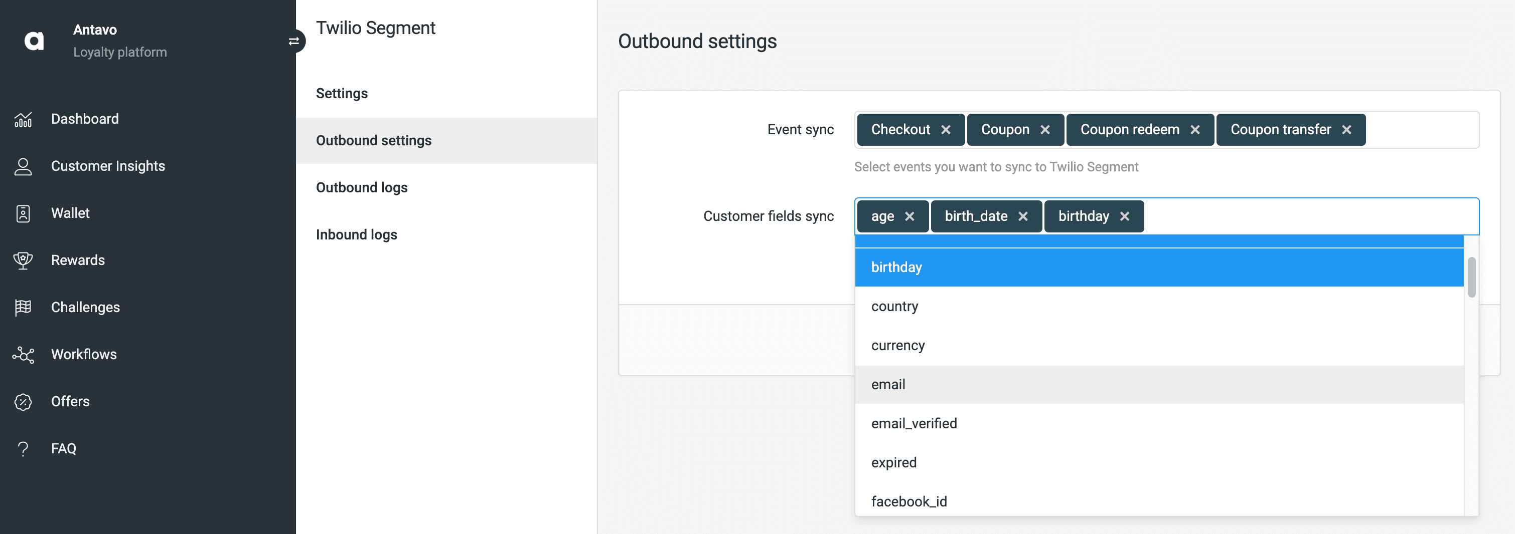 Antavo outbound settings with event and customer fields sync options.