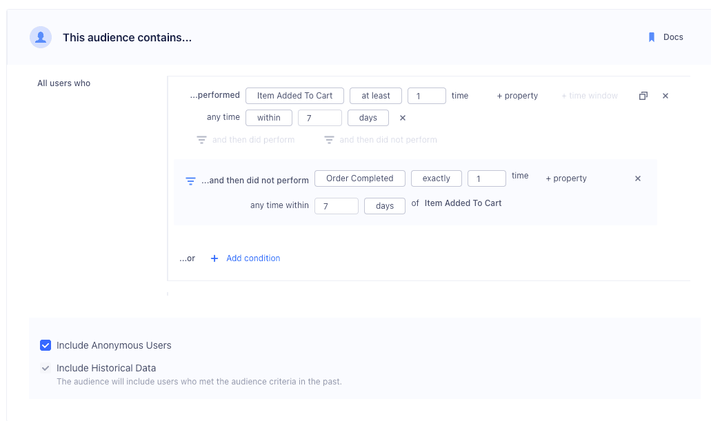 Audience funnel using dynamic property references for event filtering.