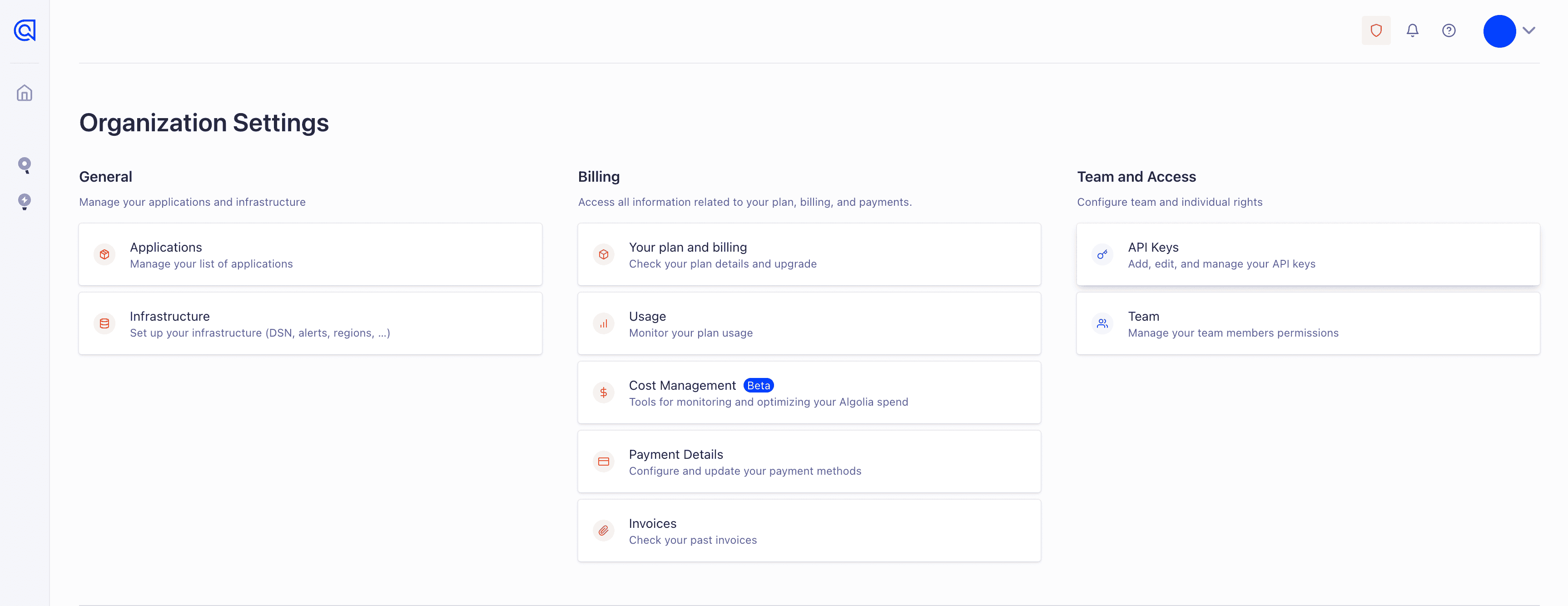 Algolia's Organization Settings menu with sections for General, Billing, and Team and Access.