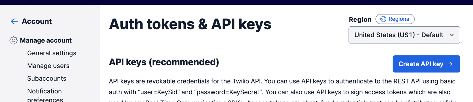 Auth tokens and API keys section with US1 region selected and create API key button.