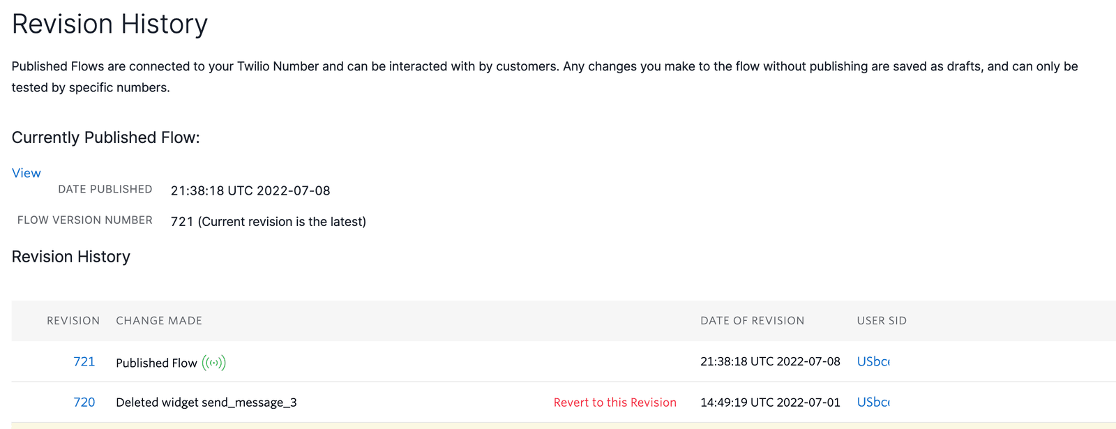 Twilio Studio revision history showing published flow version 721 and previous changes.