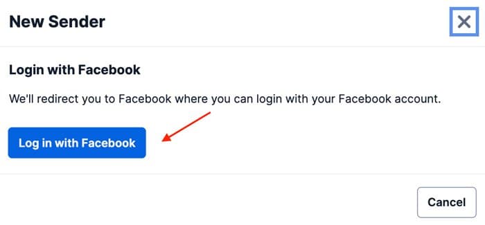 Dialog box with 'Login with Facebook' button and cancel option.