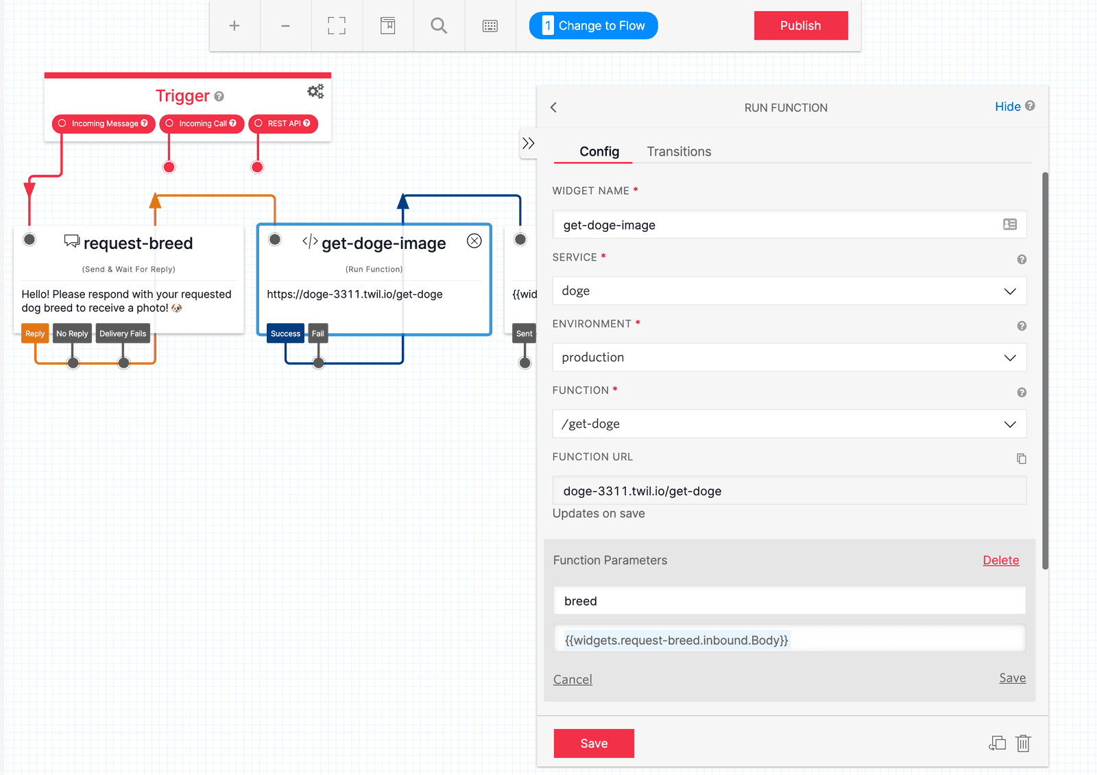 Flow diagram with Run Function widget calling get-doge function using breed parameter.