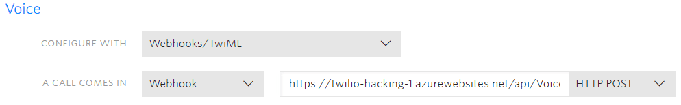 Voice configuration using Webhooks/TwiML and webhook URL for incoming calls.