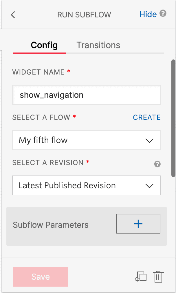 Twilio Studio Run Subflow widget configuration with fields for widget name, flow, and revision.