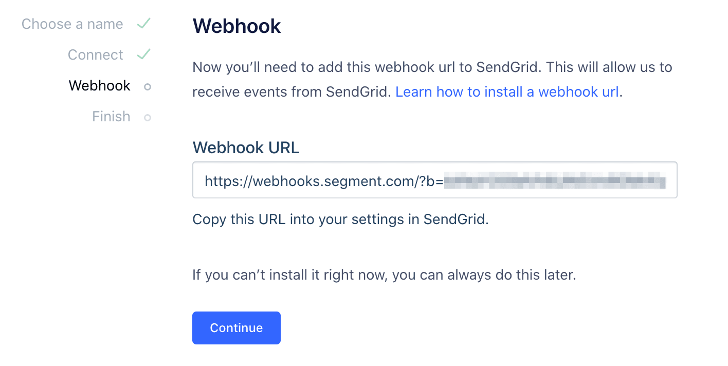 Webhook page in the setup flow for the SendGrid source, showing URL to copy into SendGrid settings.