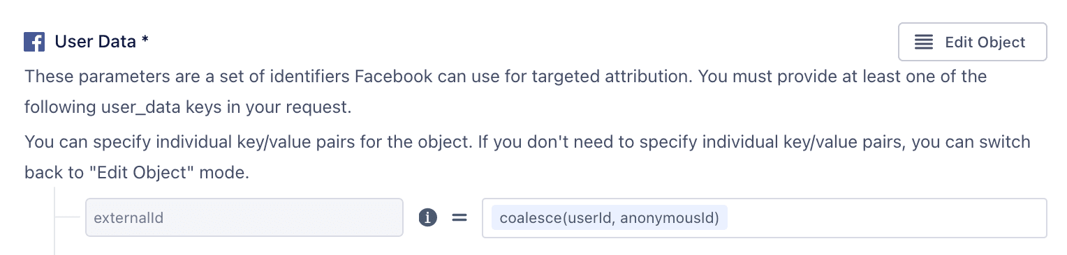 Facebook user data parameters with coalesce function for externalId.