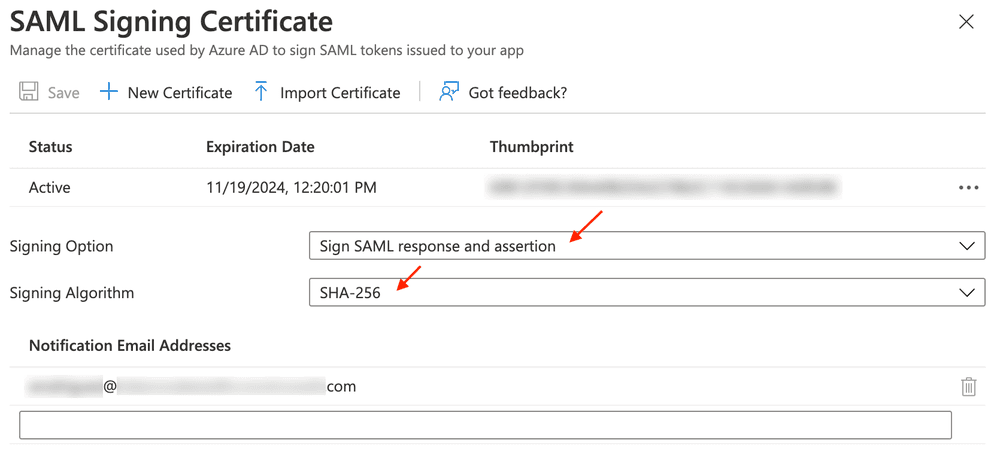 SAML certificate details with download links and FrontlineSSO setup for Azure AD.