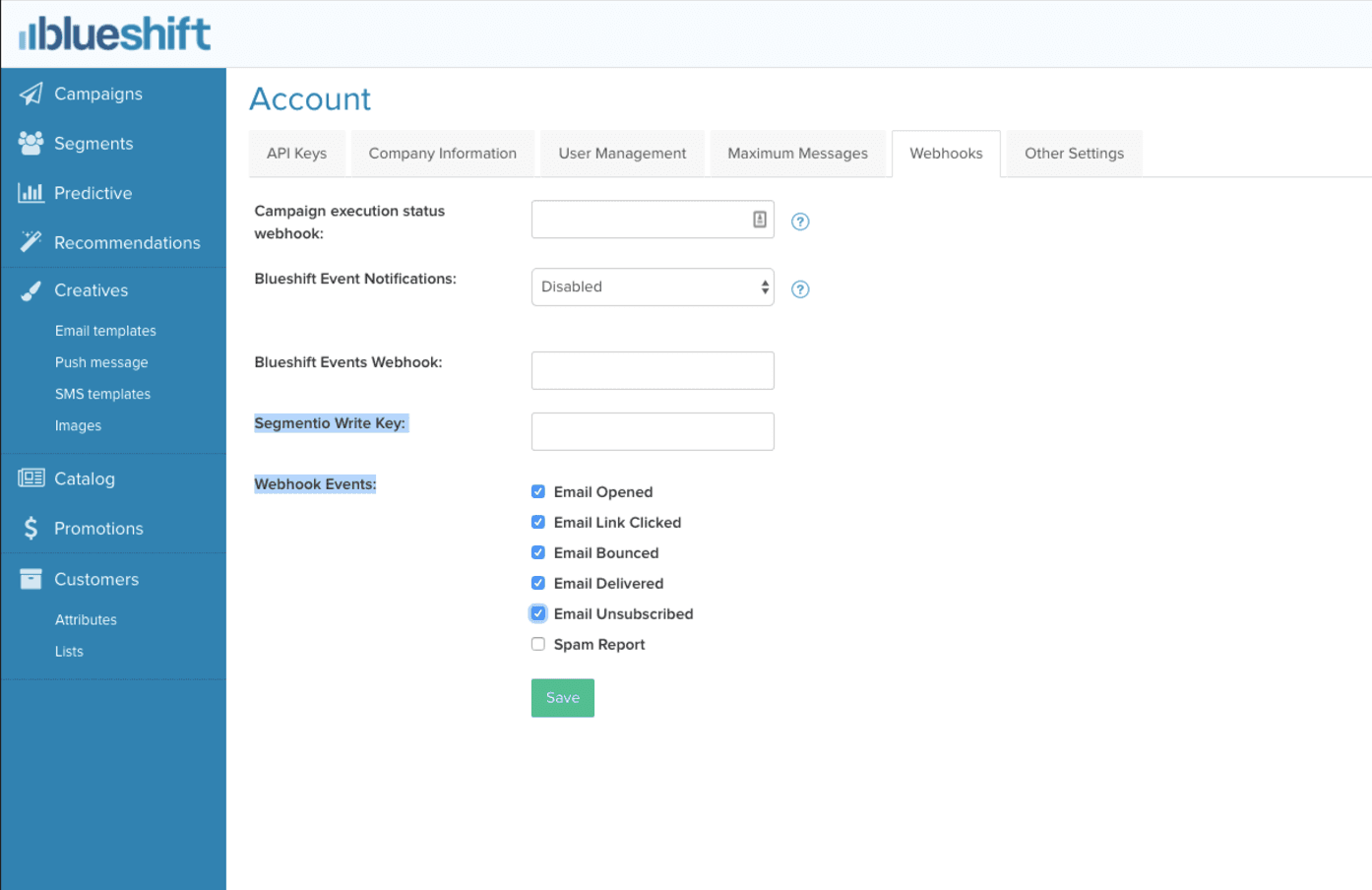 The Blueshift Account settings page, with the Segmentio Write Key and Webhook events highlighted.