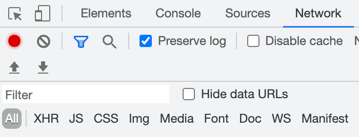 Network tab with search bar and filter options in developer tools.