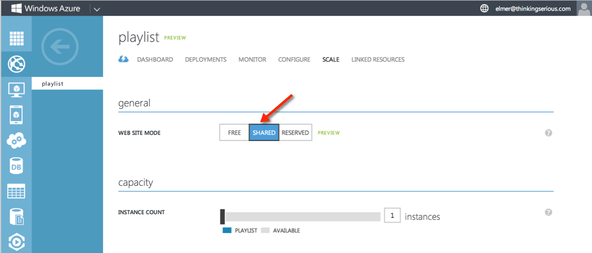 Azure portal showing 'Shared' web site mode selected under playlist scale settings.
