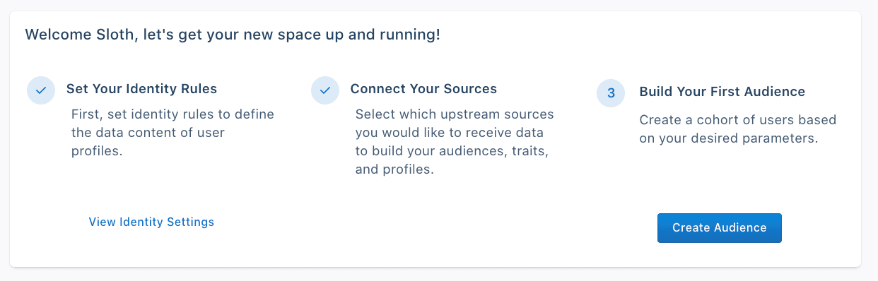 Steps to set identity rules, connect sources, and build your first audience with a 'Create Audience' button.