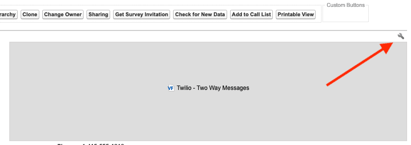 Visualforce component with Twilio Two Way Messages and a highlighted wrench icon.