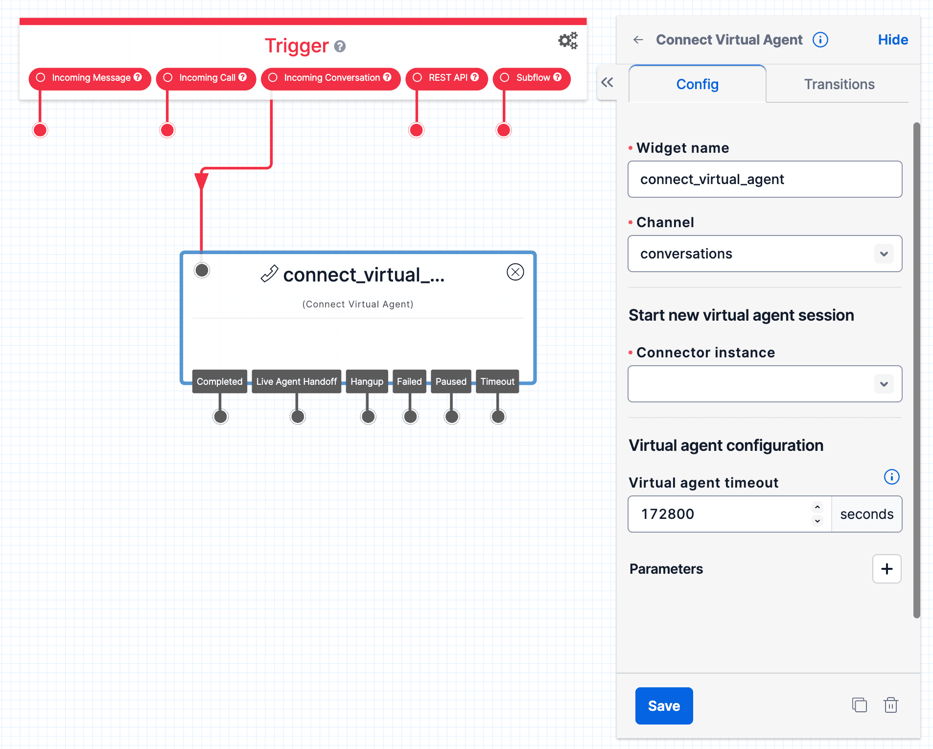 Connect Virtual Agent widget configuration with trigger options and transitions.