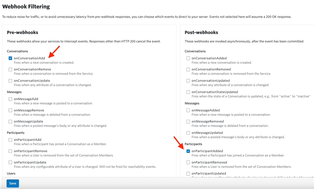 Webhook filtering options with onConversationAdd and onParticipantAdded selected.