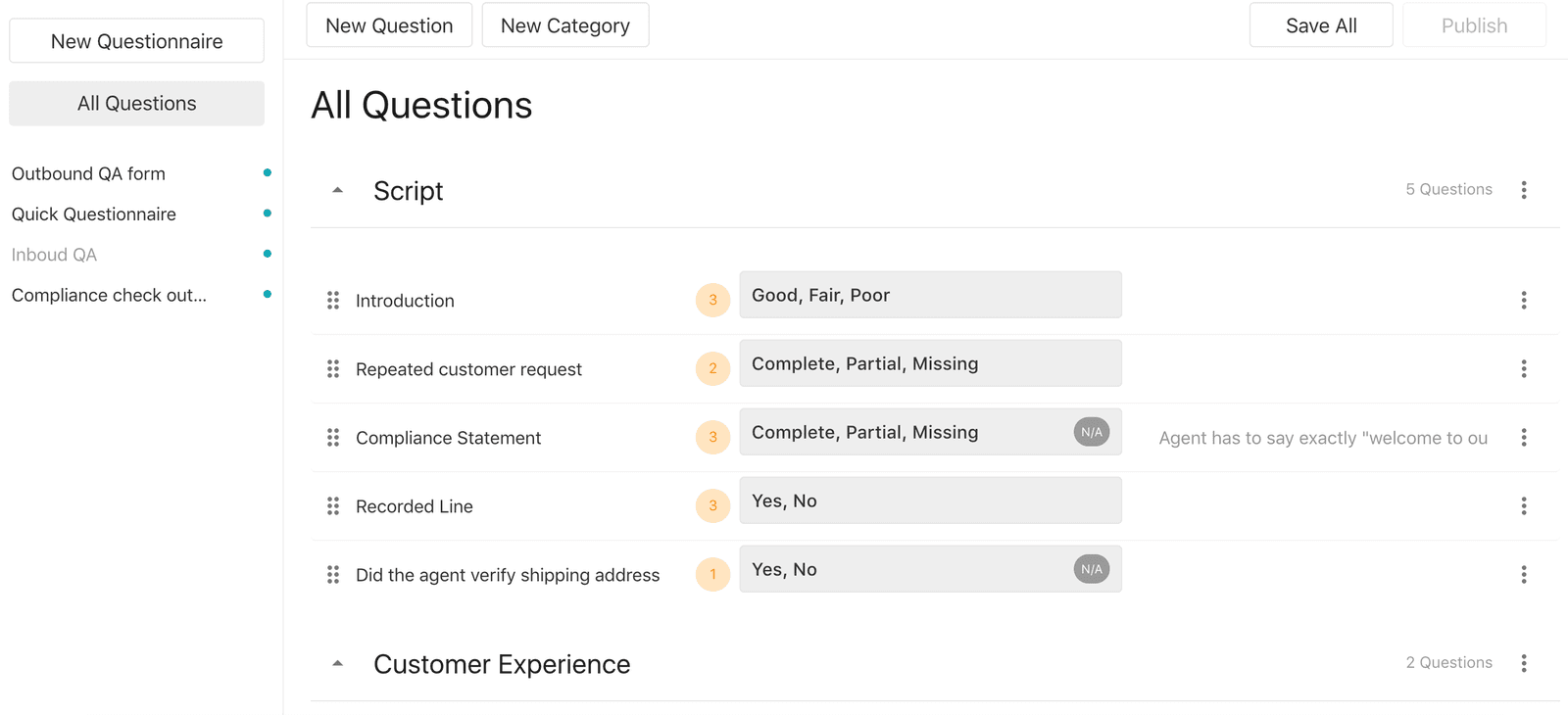 Question management interface showing categories, questions, and response options.