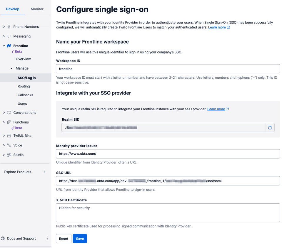 SSO configuration page for Twilio Frontline with fields for Workspace ID, Realm SID, and SSO URL.