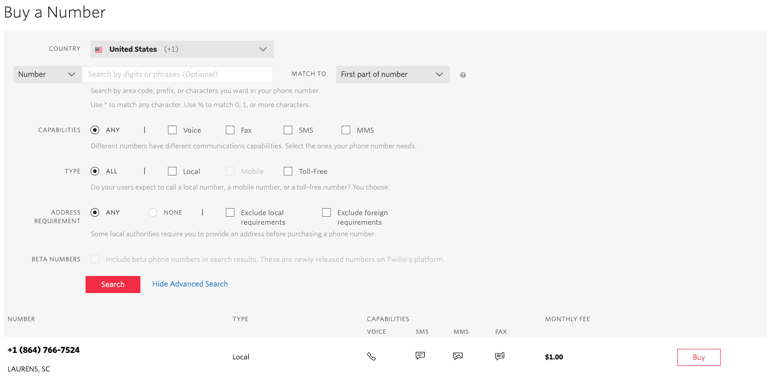 Phone number review with $1.00 monthly fee and capabilities for voice, fax, SMS, and MMS.