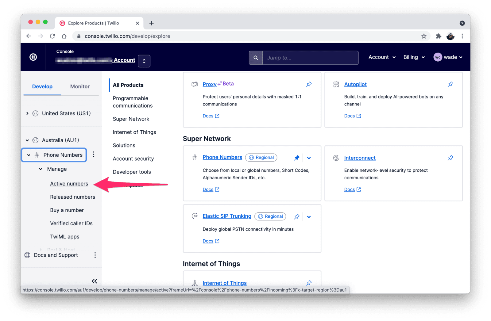 Twilio console showing navigation to active phone numbers in Australia region.