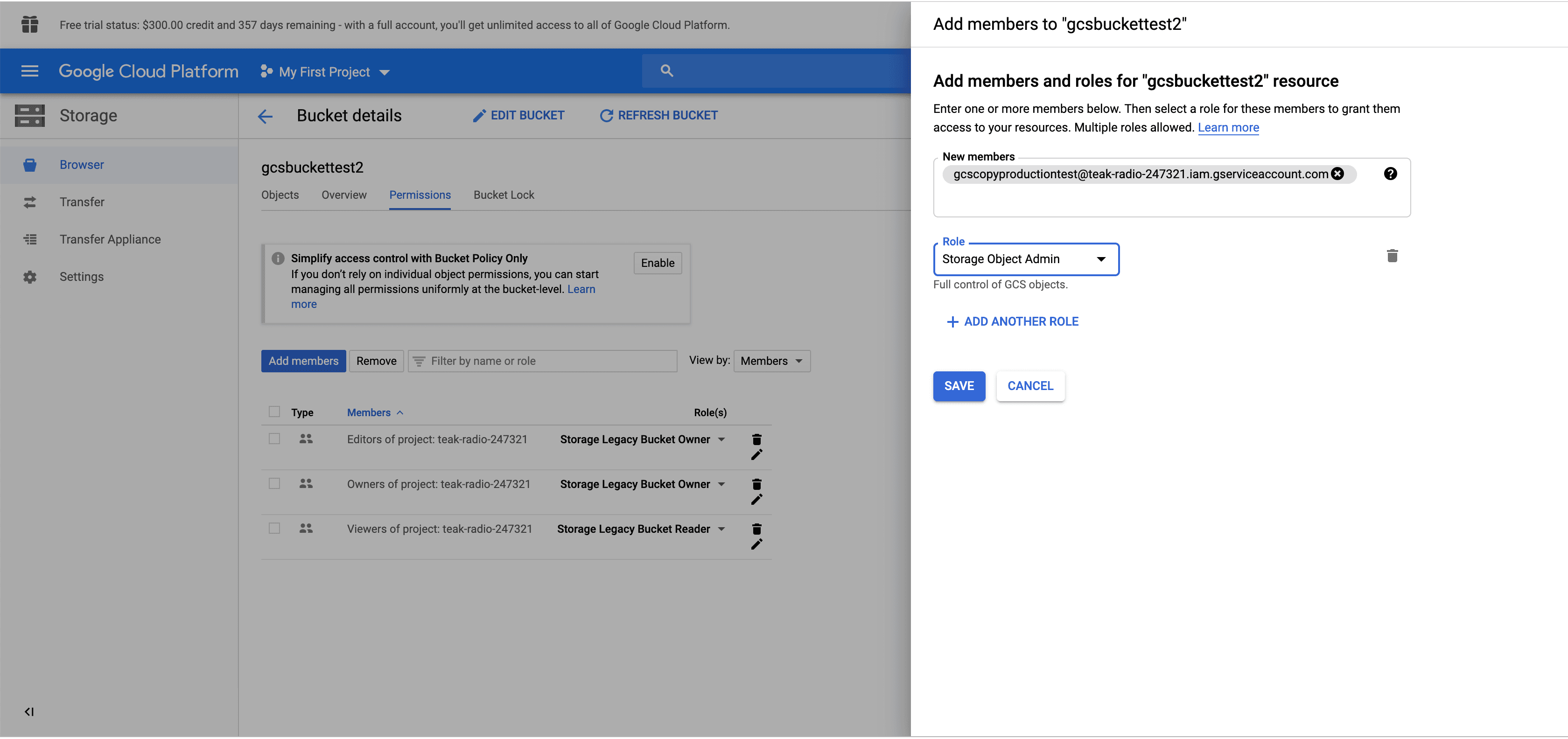 Google Cloud Storage bucket details page with the add members and roles tab open.