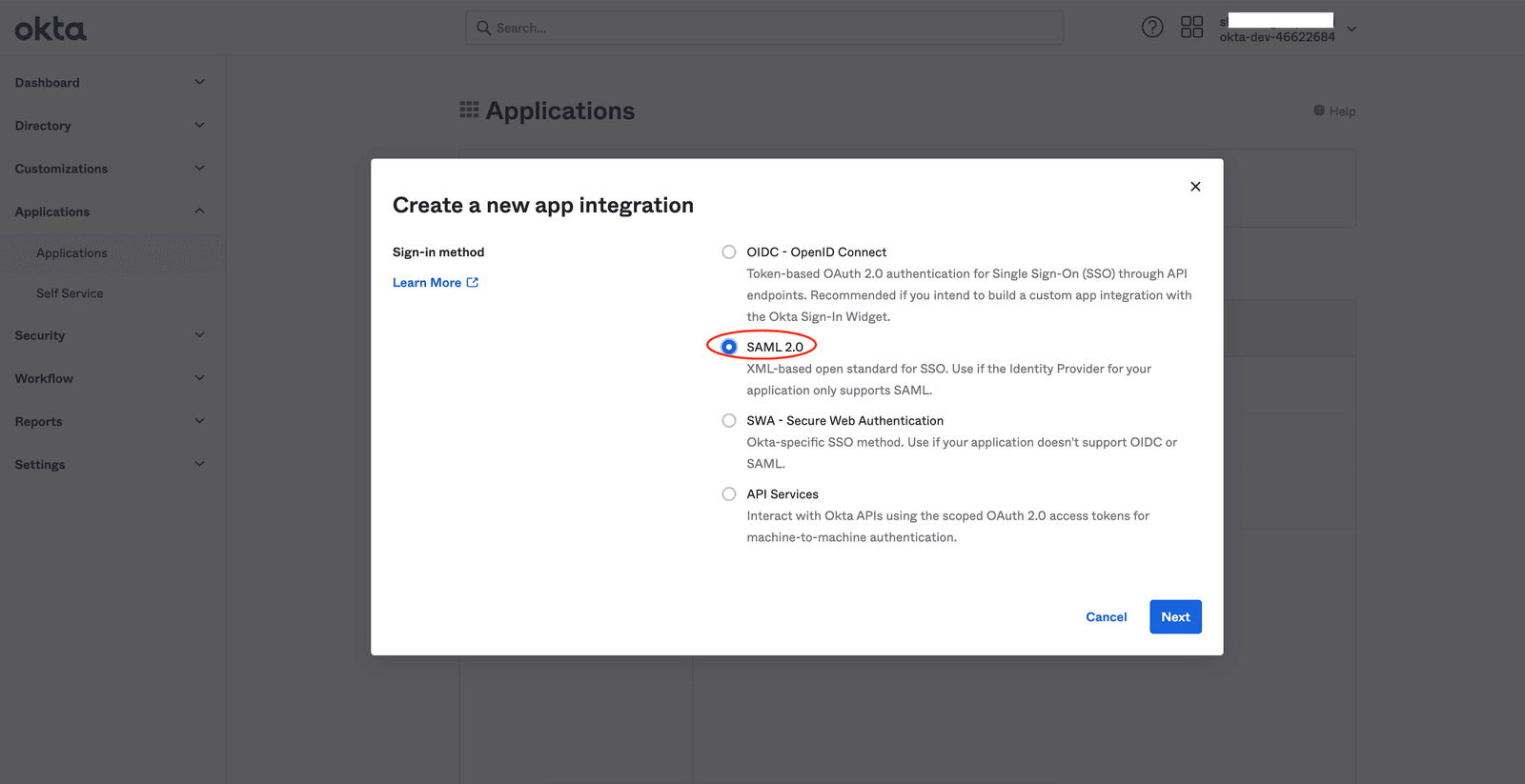 Okta new app integration with SAML 2.0 selected for sign-in method.