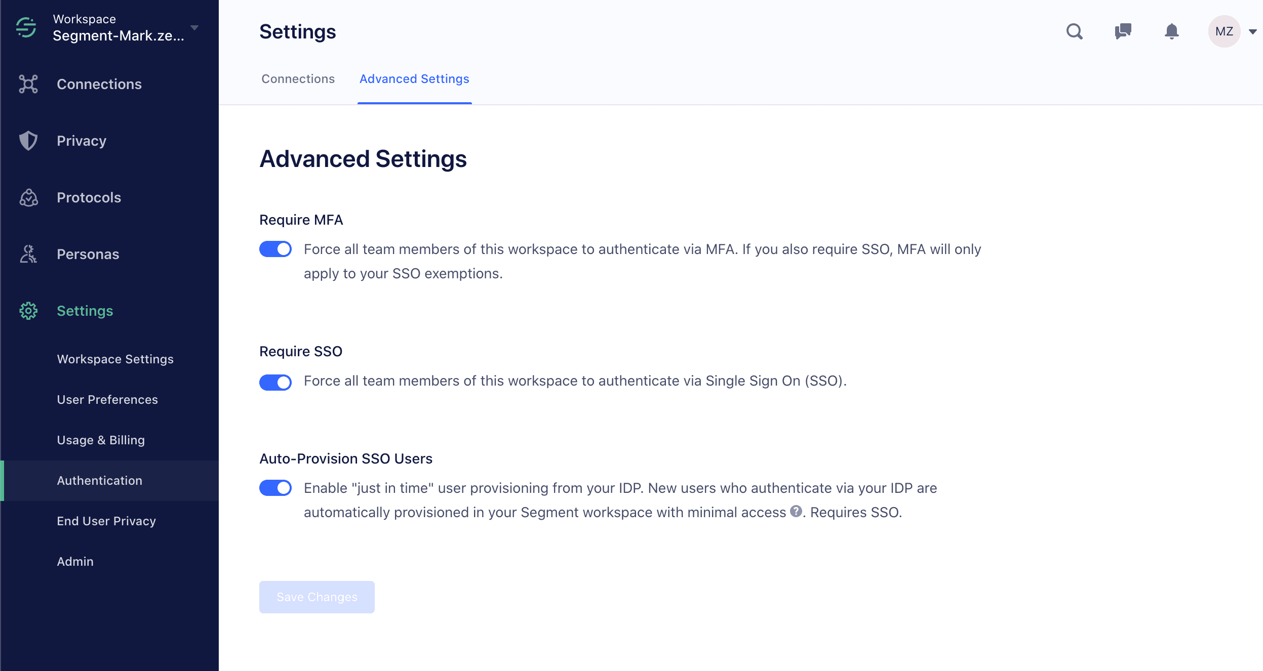 Advanced Settings page with options to require MFA, SSO, and auto-provision SSO users.